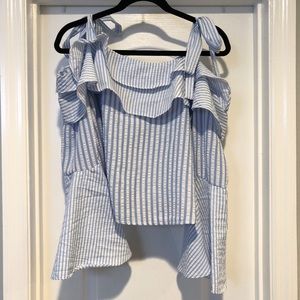 Boohoo white blue stripe tie ruffle sleeve blouse